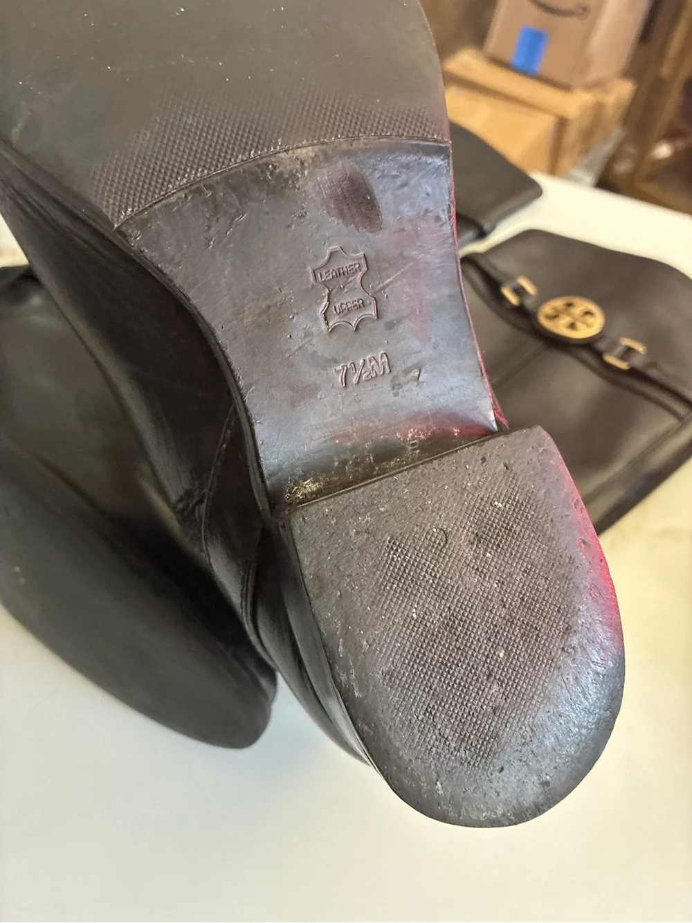 Tory Burch Black Leather Knee-High riding Boots with Gold Logo Accents